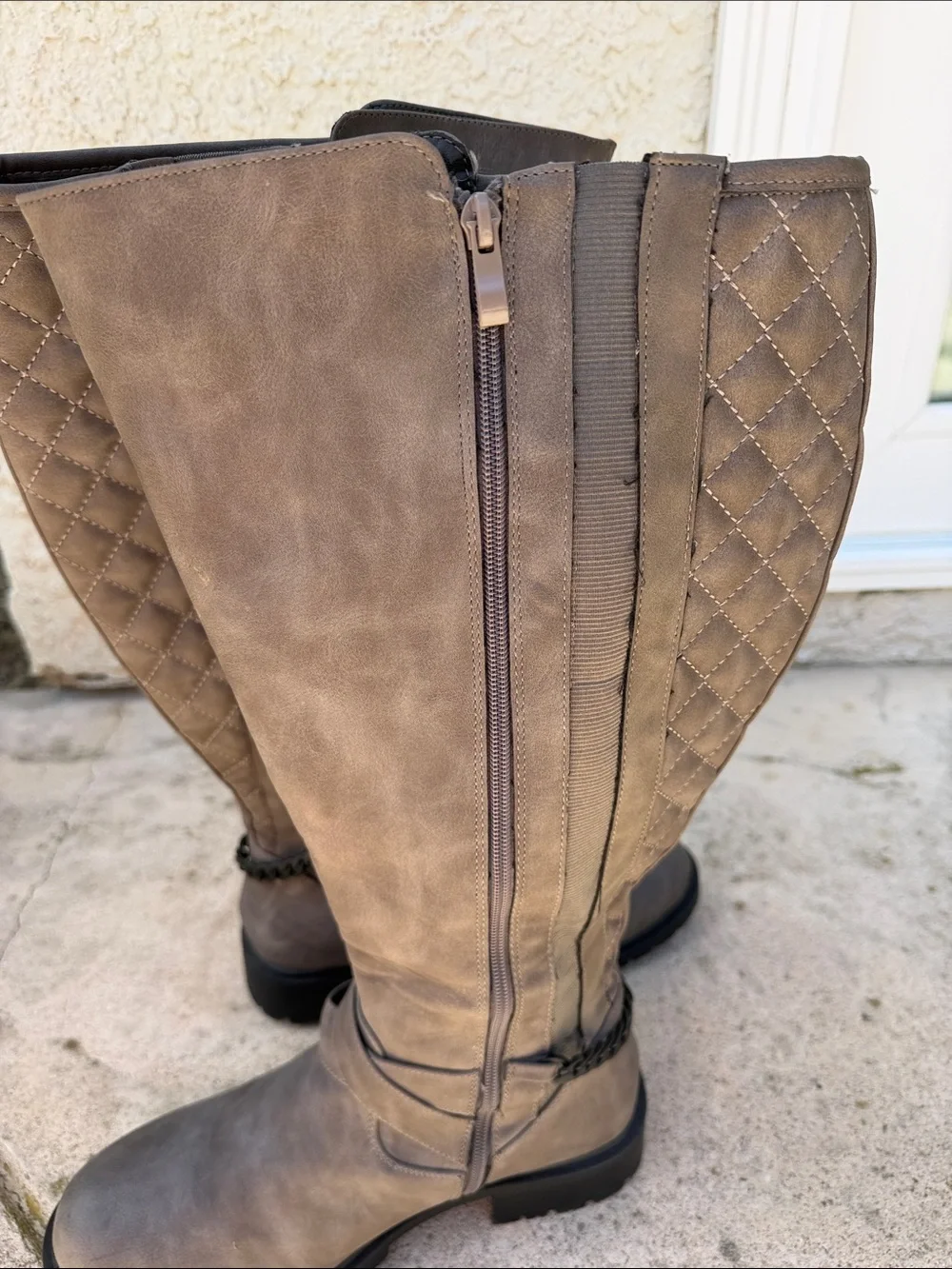 Torrid Women's Grey Faux Leather Quiltes Wide Calf Chain Moto Boots Size 10